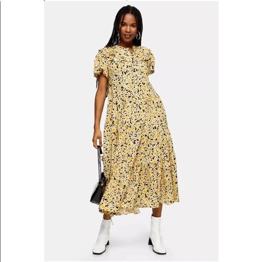 NEW TOPSHOP Yellow Daisy Grandad Midi Shirt Dress Floral Yellow Dress Size 2